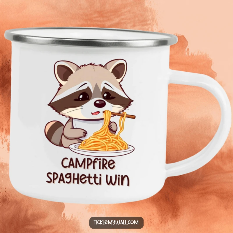 Funny confused raccoon wearing a bib attempting to eat spaghetti with chopsticks, a humorous and durable camping mug.
