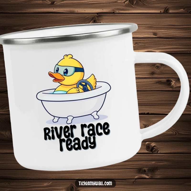 Funny camping mug with a rubber duck aggressively racing a bathtub like a race car, perfect for adventurous brews.