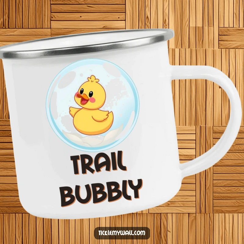 Funny camping mug with a joyful rubber ducky riding a giant bubble outdoors.