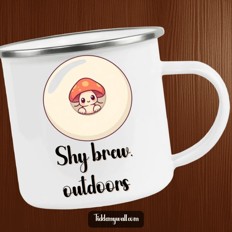 Funny shy mushroom peeking from behind a giant smiling button on a durable camping mug for humorous outdoor use.