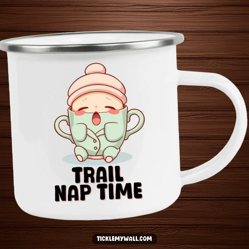 Funny camping mug with a sleepy teacup in pajamas yawning steam, perfect for cozy outdoor relaxation.