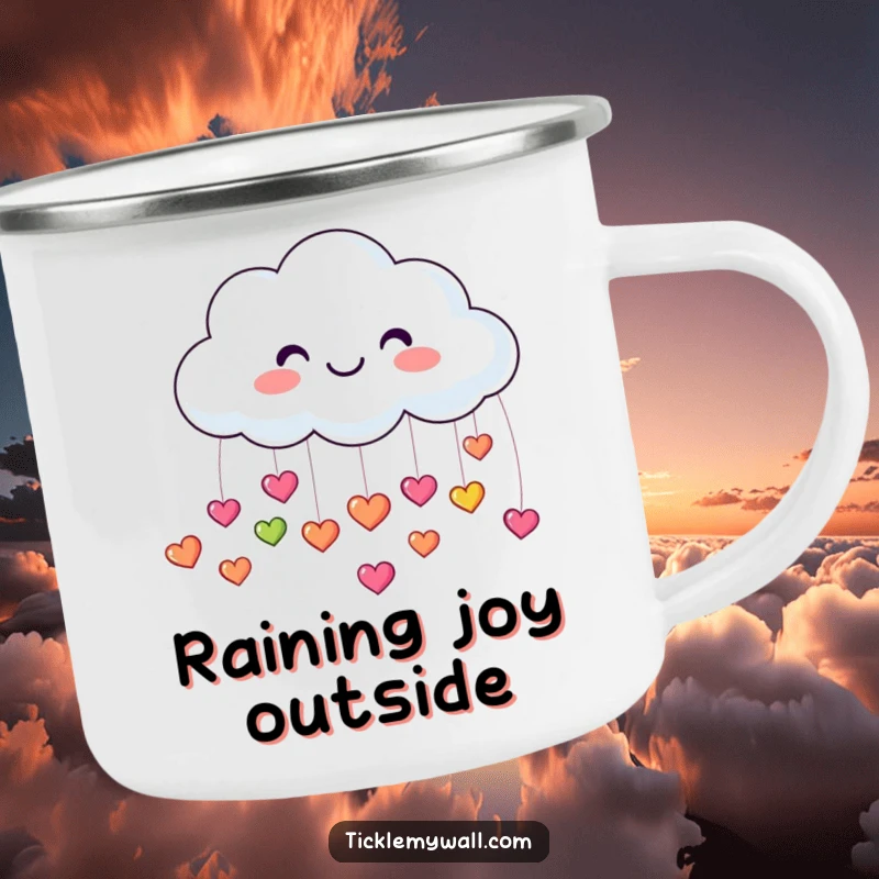 Funny enamel camping mug illustrating a smiling cloud raining tiny, colorful, bouncing hearts, perfect for outdoor adventures.