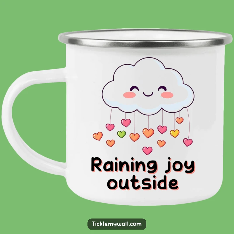 Funny Smiling Cloud Camping Mug: Raining Hearts, Outdoor Joy, Perfect Gift