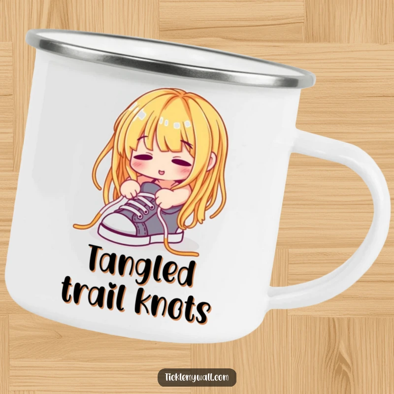 Funny Spaghetti Noodle Camping Mug, a spaghetti noodle struggling to tie shoelaces, during a camping trip.