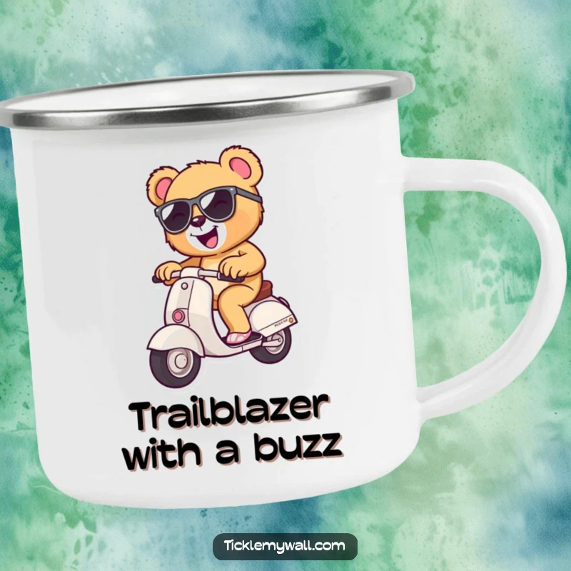 Funny teddy bear wearing sunglasses, riding a tiny scooter, enamel camping mug, ideal for outdoor enthusiasts seeking humor.