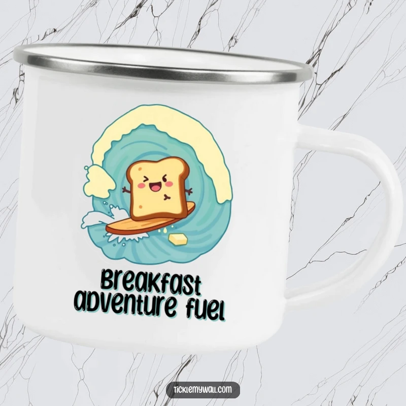 Funny camping mug depicting toast surfing a massive butter wave, ideal for breakfast adventures outdoors.