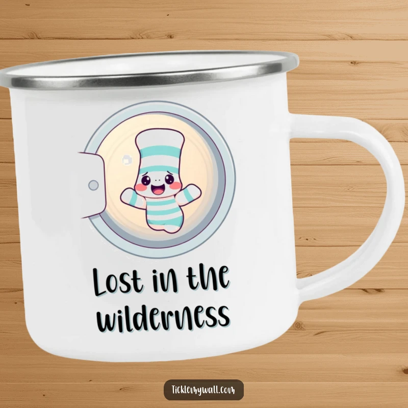 Funny sock camping mug featuring a confused sock and sock puppet in a dryer, durable and humorous for outdoor use.
