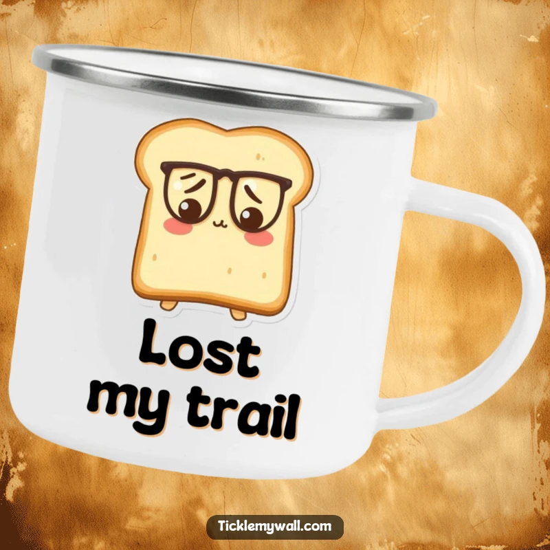 Funny Puzzled Toast Camping Mug: A confused piece of toast wearing glasses in a forest setting, humorous and durable.