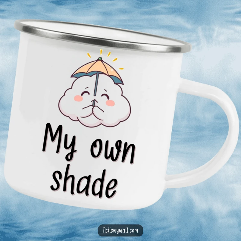 Funny camping mug with a nervous cloud and tiny umbrella, comically shielding from a single sunbeam. Rugged humor for outdoor lovers.