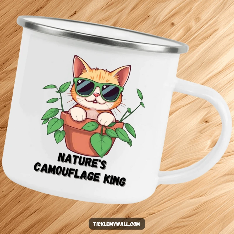 Funny surprised cat wearing oversized sunglasses peeking from a potted plant, on a sturdy camping mug for outdoor humor.