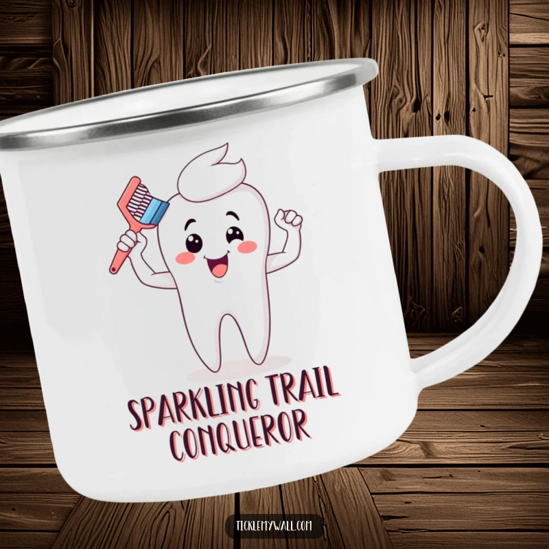 Funny enamel camping mug with a toothbrush flexing cartoon muscles after cleaning a giant tooth, designed for outdoor humor.