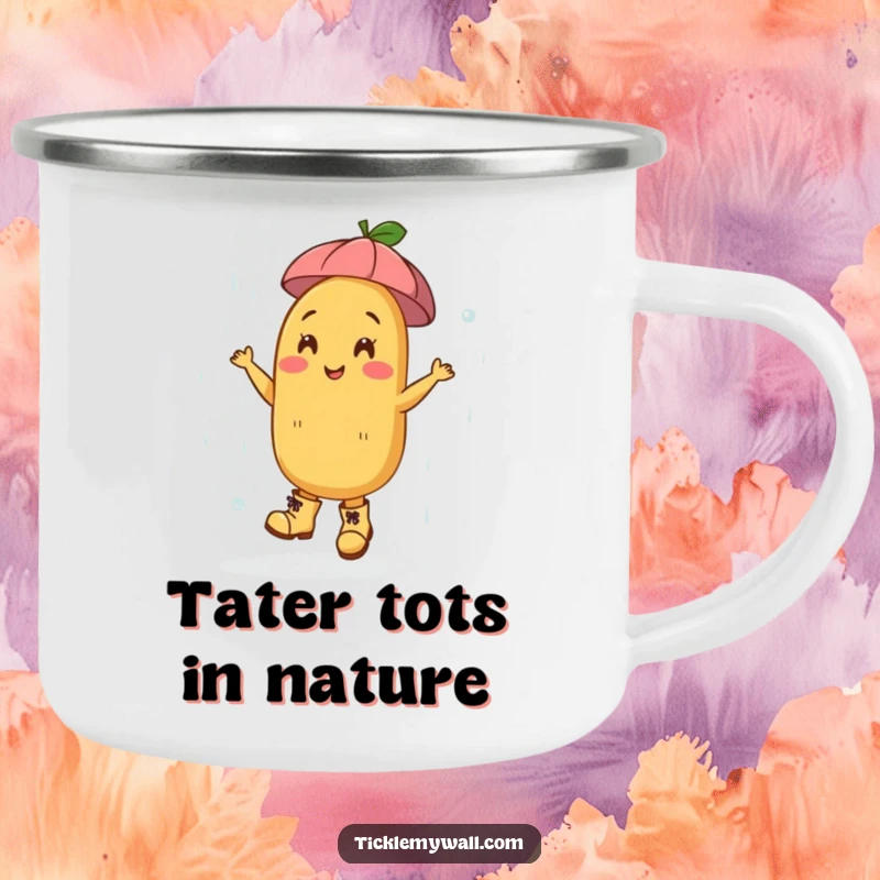 Funny Dancing Potato Boots Rain Camping Mug: Happy potato in boots dances in rain, a funny camping mug.