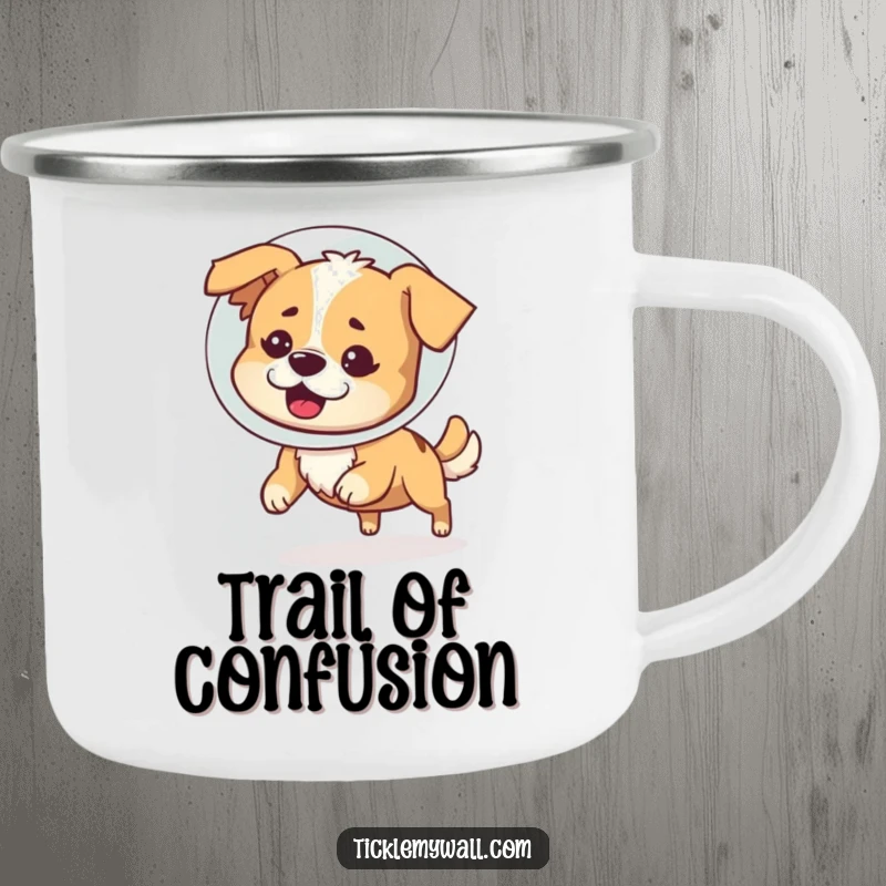 Funny enamel camping mug illustrating a bewildered dog wearing a cone of shame and chasing its tail, perfect for outdoor enthusiasts.