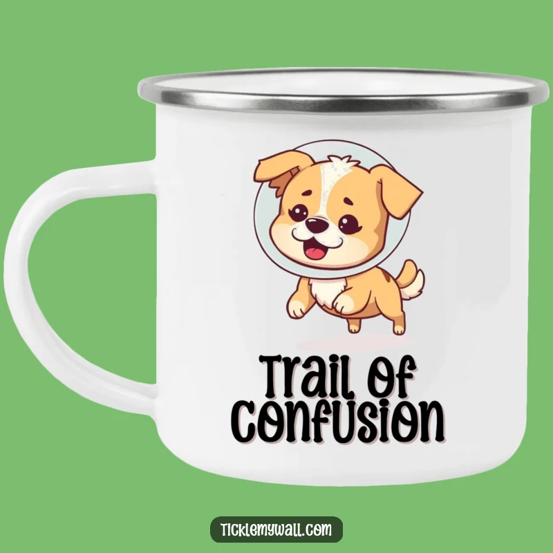 Funny Dog Cone Camping Mug: Bewildered Pup Chasing Tail, Outdoor Humor Gift