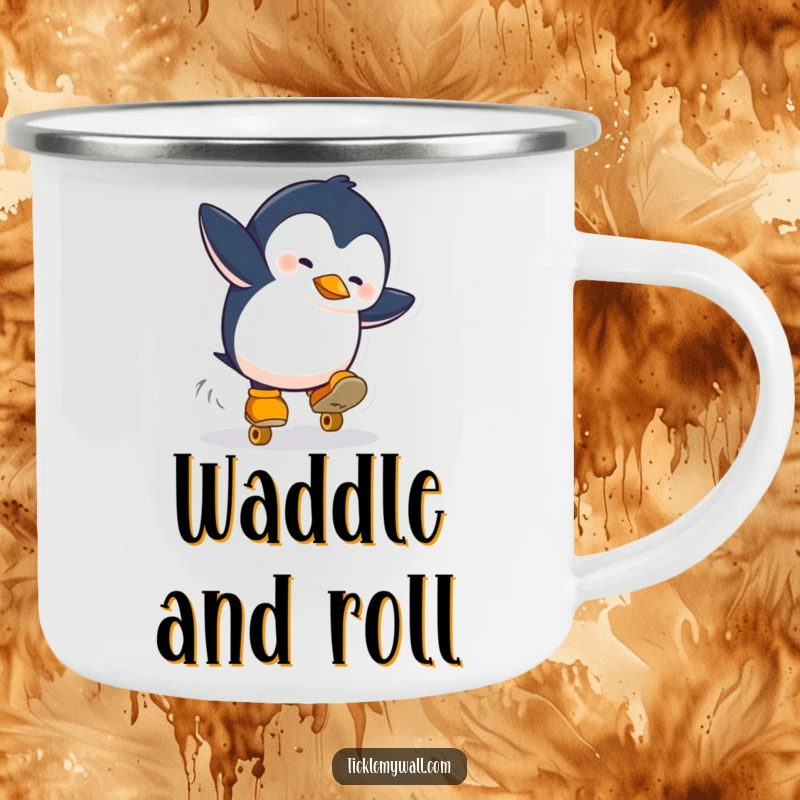 Funny camping mug with a penguin comically falling while wearing roller skates. Durable enamel design for outdoor humor and beverages.