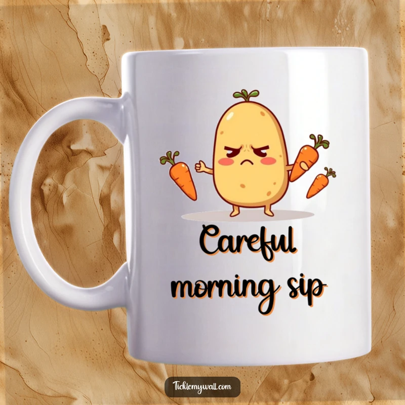 Funny Mug: A jittery potato character precariously juggling three small carrots, showcasing a comical struggle.