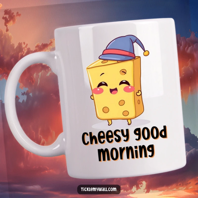 Funny Cheese Mug showing a giggling slice of cheese playfully attempting to wear a comically small hat, radiating cheesy humor.