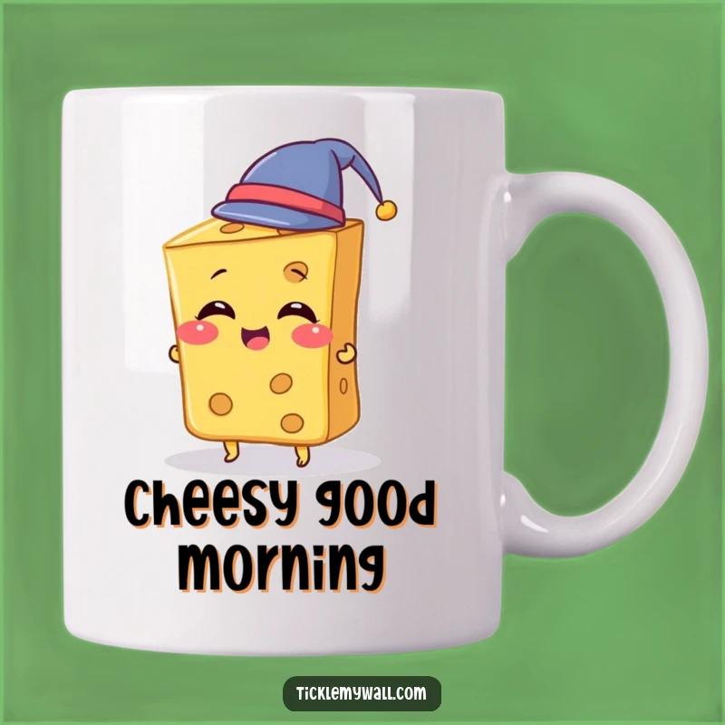 Funny Cheese Hat Mug: Giggling Cheese Slice Trying on a Tiny Hat, Perfect Funny Gift