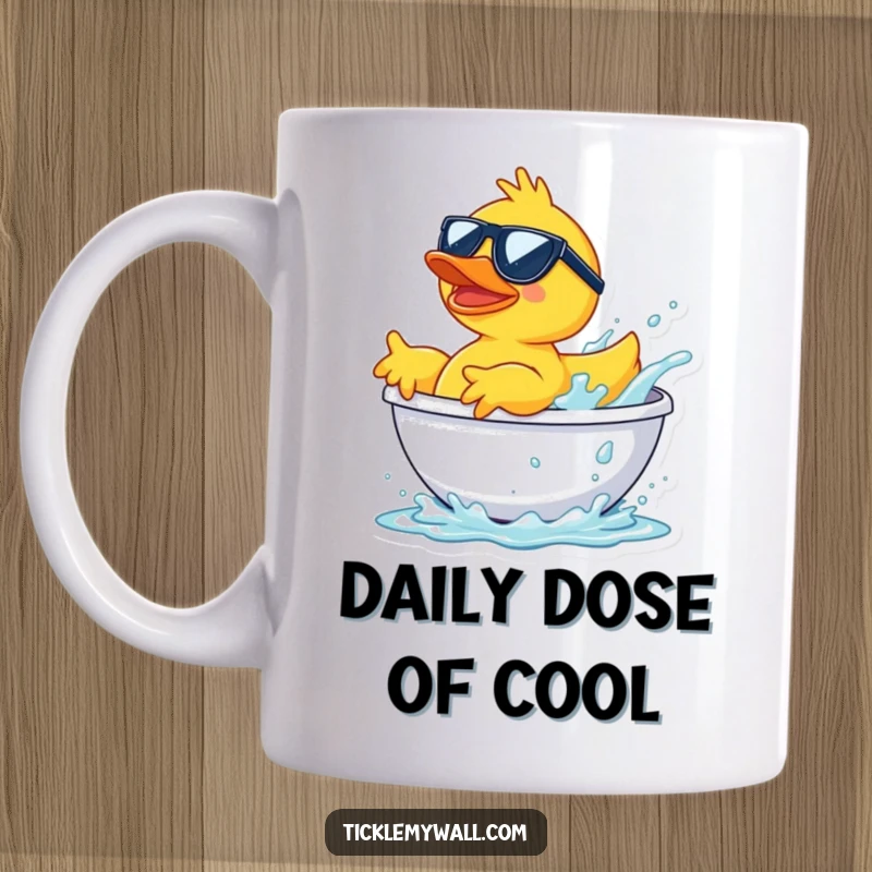Funny rubber duck wearing sunglasses launching mid-air from a bathtub splash, a cool and humorous mug design.