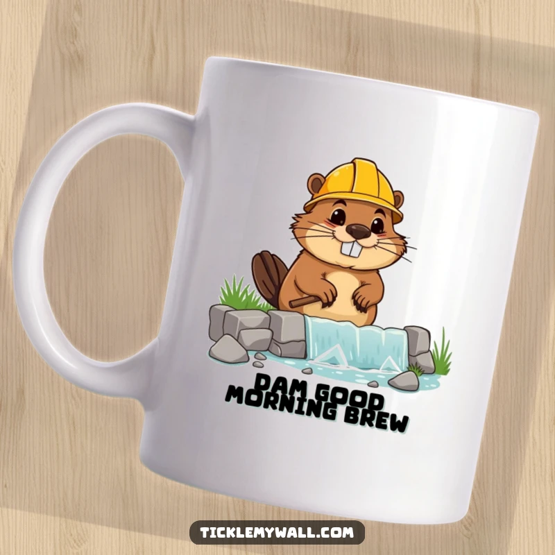 Funny mug with a goofy beaver in a hard hat attempting to build a crooked dam, looking determined.
