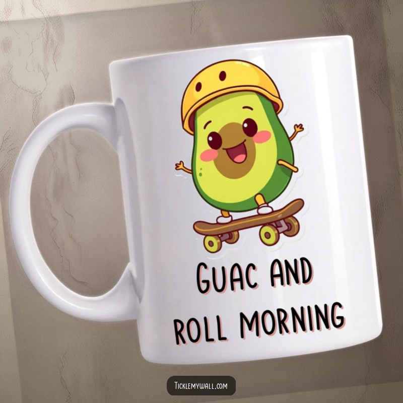 Funny smiling avocado wearing a tiny helmet rides a skateboard with a cool, determined expression on a ceramic mug.