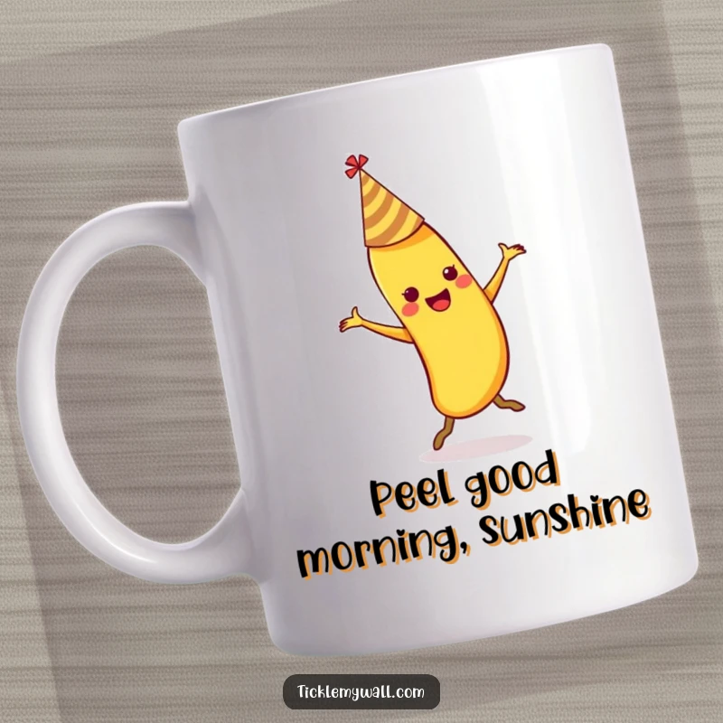 Funny dancing banana wearing a party hat slipping on its own peel on a ceramic mug.