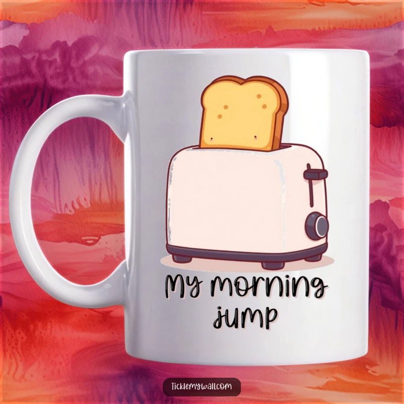 Funny mug depicting a piece of toast explosively popping out of a toaster, flying too high. A comical breakfast mishap scene.
