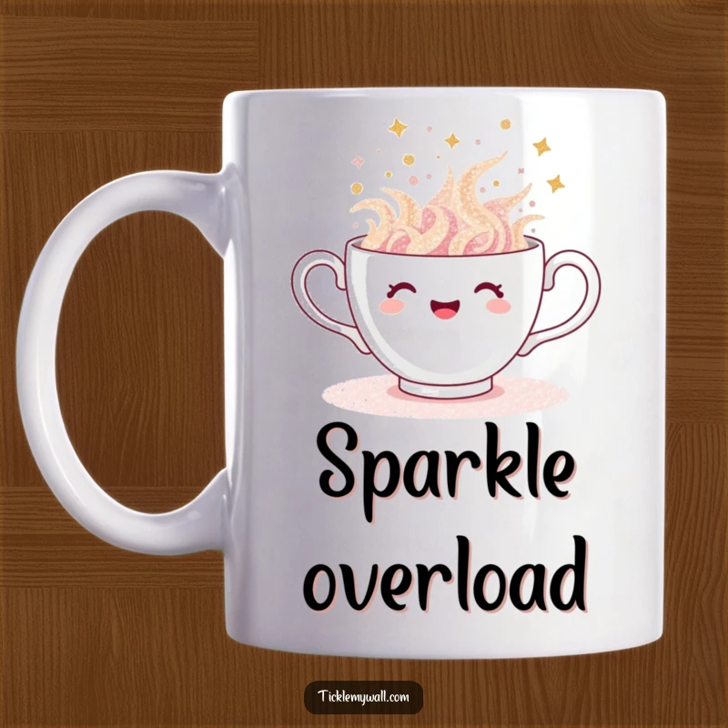 Funny teacup mug, overflowing with sparkling glitter, spilling joyfully, a celebration of shine.