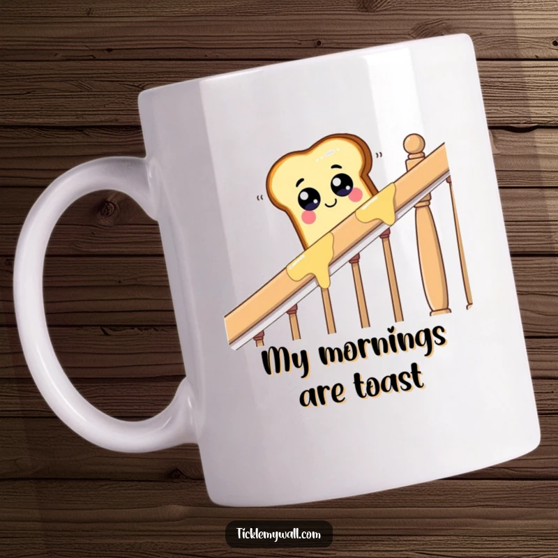 Funny piece of toast with googly eyes dramatically sliding down a buttered banister, a humorous and relatable mug.