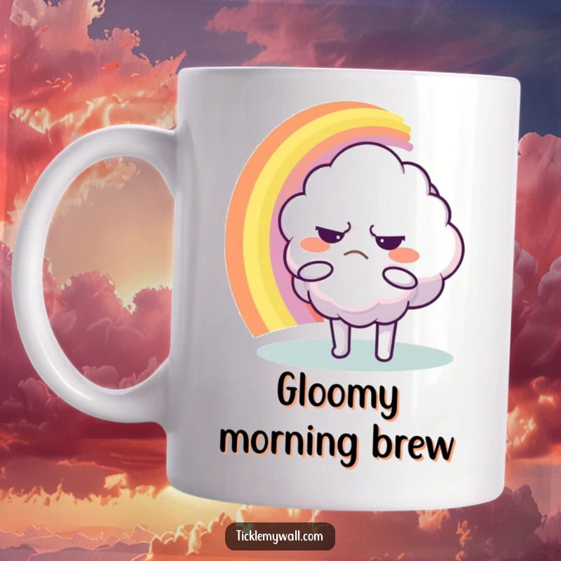 Funny Mug: A frowning cloud character reaching out to hug a colorful rainbow, illustrating a humorous mood clash.