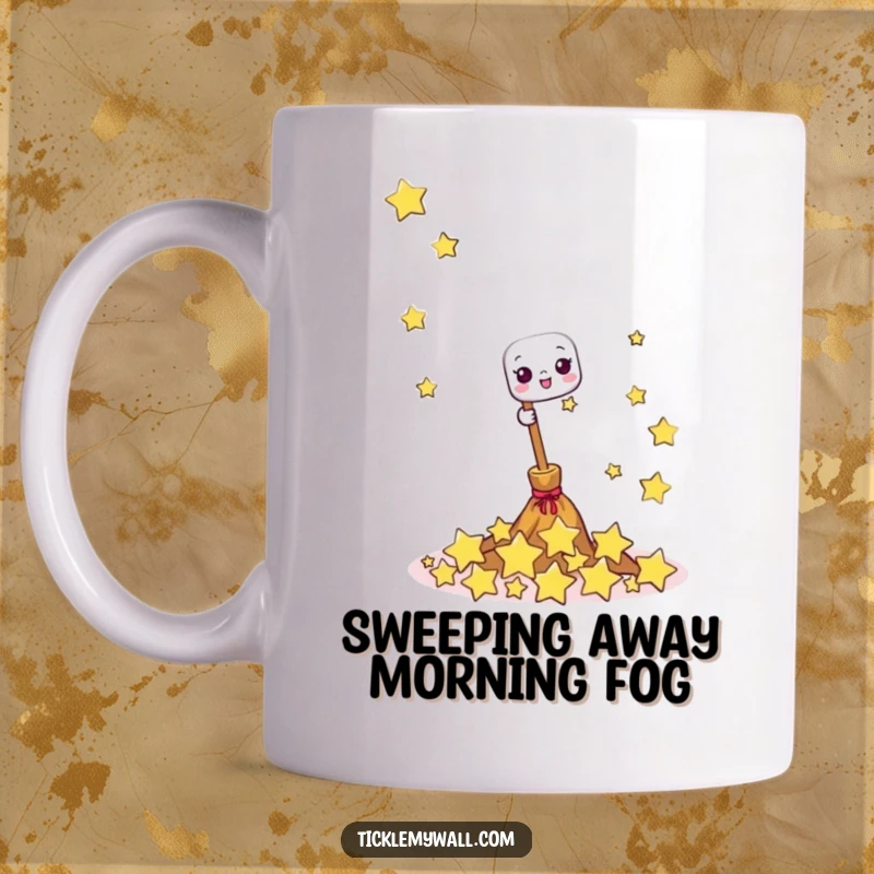 Funny mug illustration of a happy broom joyfully sweeping up a pile of giggling little stars, a delightful and whimsical scene.