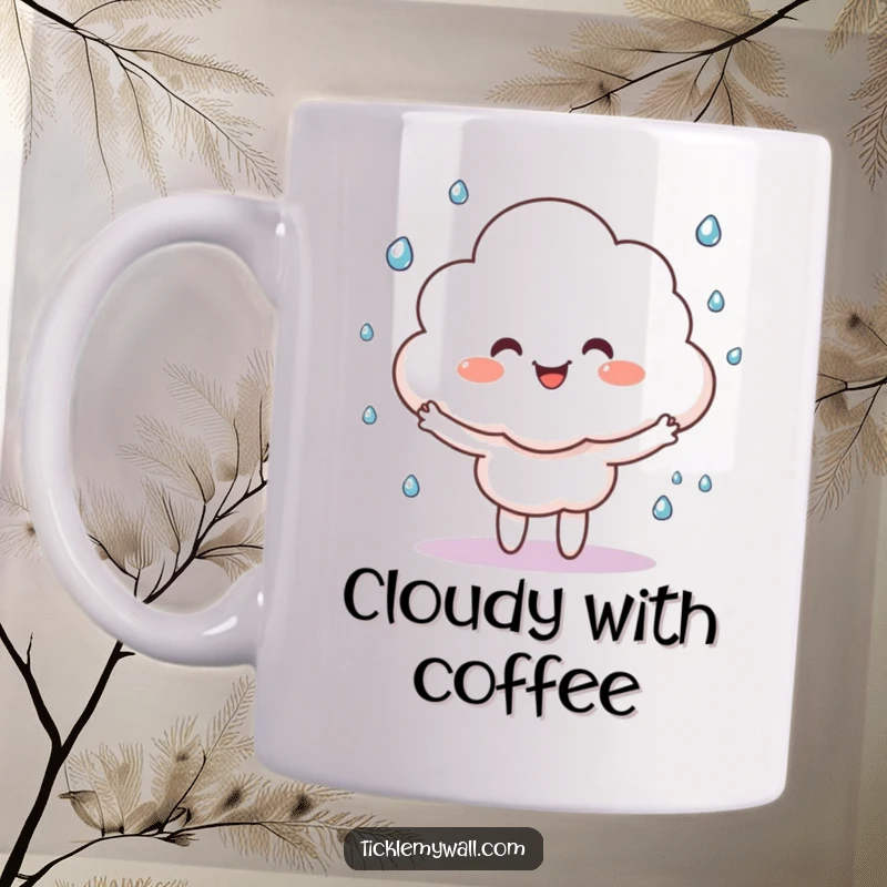 Funny happy cloud character juggling tiny raindrops, depicted on a cheerful mug, bringing whimsical weather vibes.