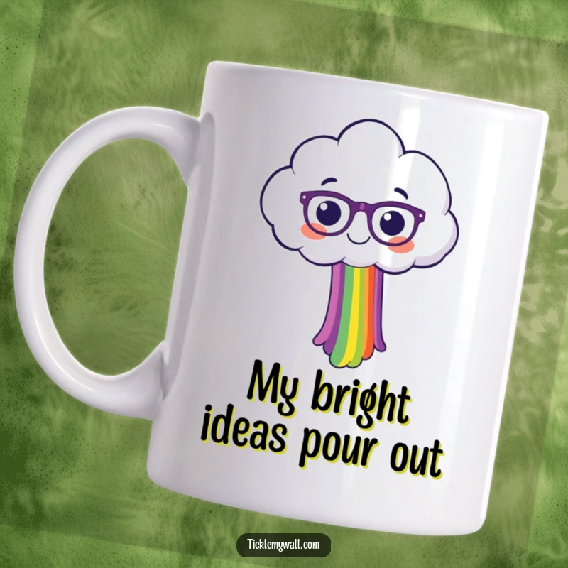 Funny happy cloud wearing spectacles, joyfully spilling a vibrant rainbow across a blue sky background, ceramic mug.