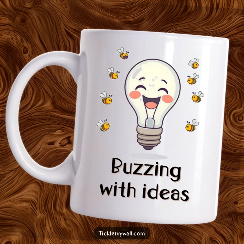 Funny laughing lightbulb juggling tiny buzzing bees on a mug, a symbol of wit and bright, humorous ideas.