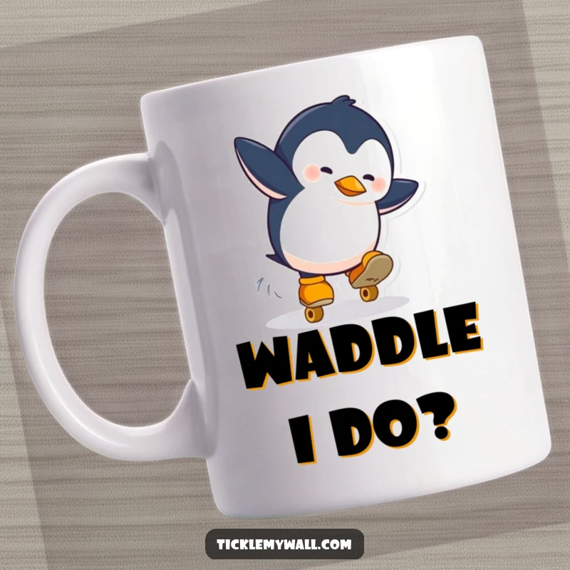 Funny mug showing a penguin comically falling while wearing roller skates. Captures a moment of hilarious icy chaos and amusement.