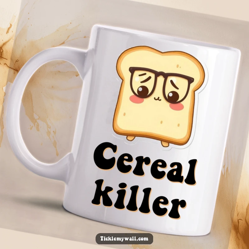 Funny Puzzled Toast Mug: A slice of toast with a confused face wearing large spectacles, humorous breakfast item.