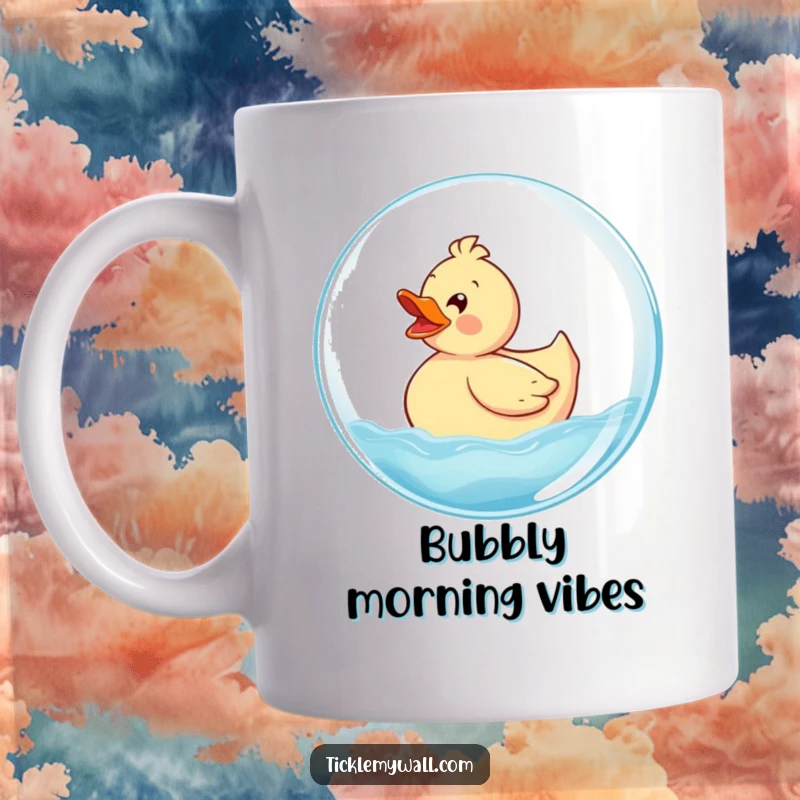 Funny Rubber Ducky Mug showing a delighted ducky joyfully riding atop a giant, shimmering bubble, a whimsical and cheerful scene.