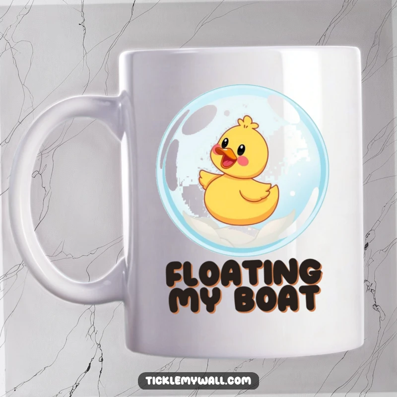 Funny mug showing a happy rubber ducky floating on a huge, iridescent bubble.