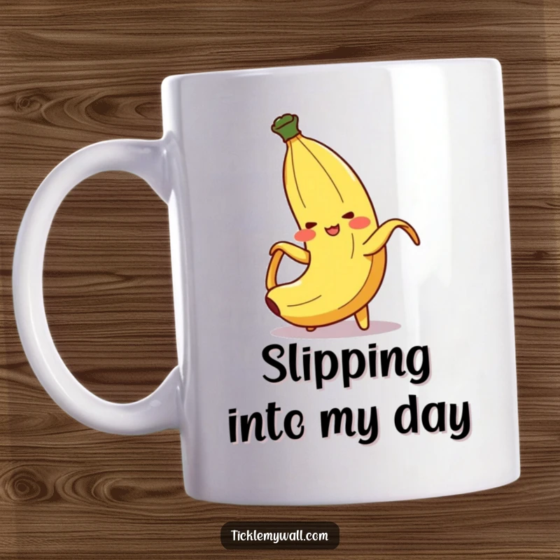 Funny Slipping Banana Peel Mug: A blushing banana peel character dramatically falling on itself, creating a scene of comical embarrassment.