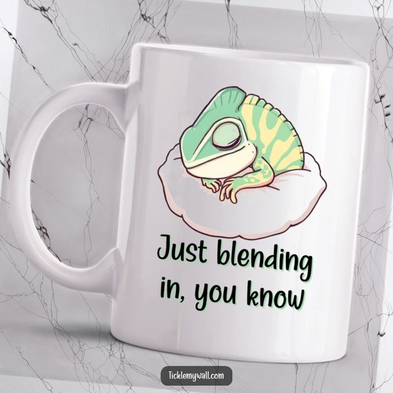Funny Chameleon Pillow Mug, a sleepy reptile camouflaged as a fluffy cushion, snoring loudly, perfect cozy gift.