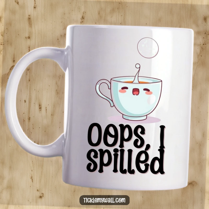 Funny startled teacup spilling a single, large bubble, depicted on a ceramic mug for humorous beverage enjoyment.