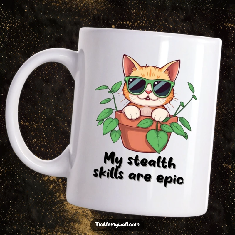 Funny surprised cat wearing oversized sunglasses peeking from a potted plant, expressing shock and humor on this ceramic mug.