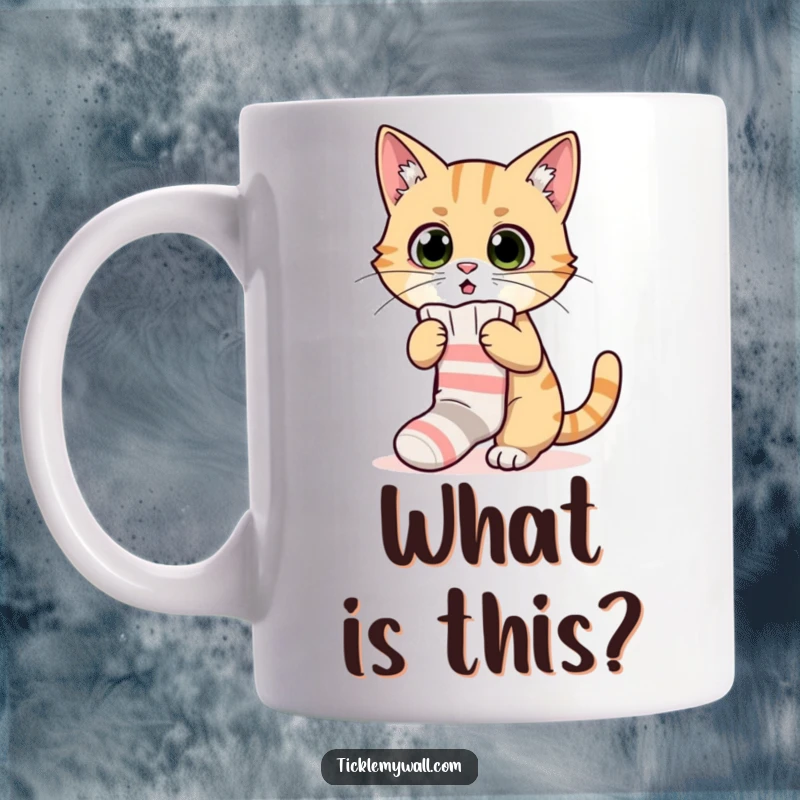 Funny mug featuring a surprised cat comically attempting to wear a tiny, ill-fitting sock, showcasing feline fashion mishaps.