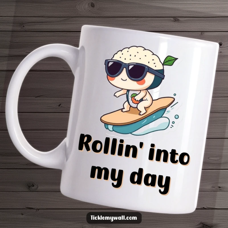 Funny Sushi Wave Sunglasses Mug: Sushi rolls with sunglasses surf a wave, a cool and funny gift for sushi fans.