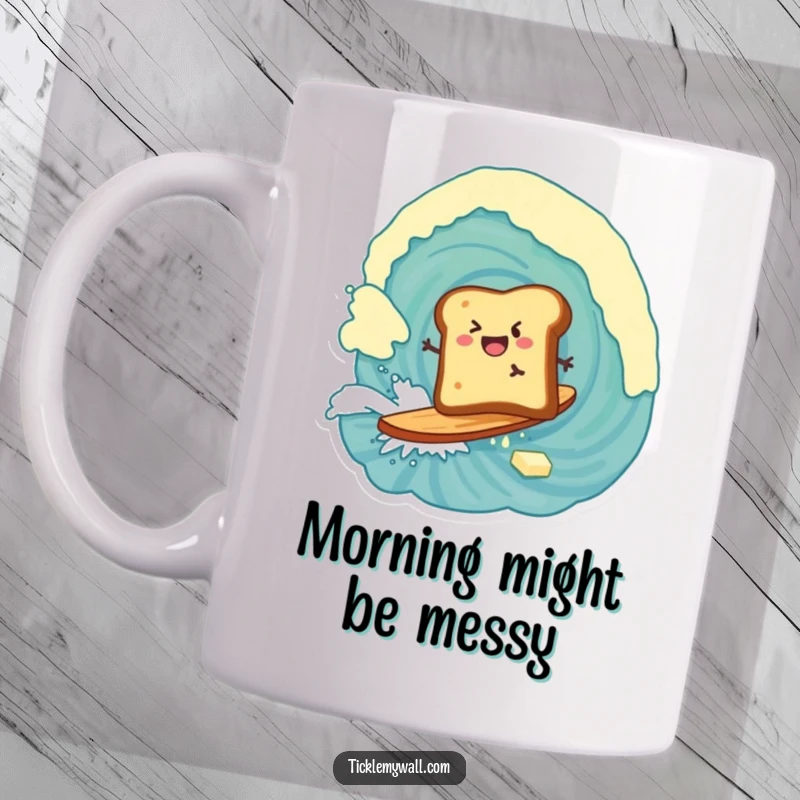 Funny mug showing a piece of toast enthusiastically surfing a massive wave of butter, a breakfast adventure.