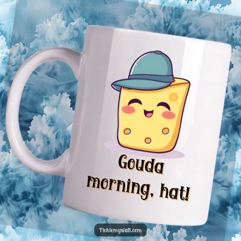 Funny mug showing a smiling slice of cheese attempting to wear a comically small hat.