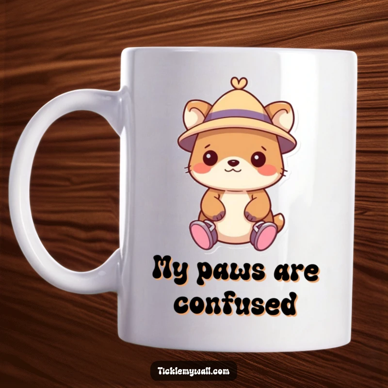 Funny mug showcasing a cute animal wearing a small hat, but hilariously has shoes on its hands instead of feet.