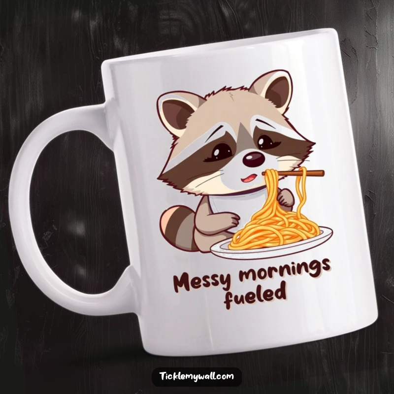 Funny confused raccoon wearing a bib attempting to eat spaghetti with chopsticks, a humorous and relatable mug.