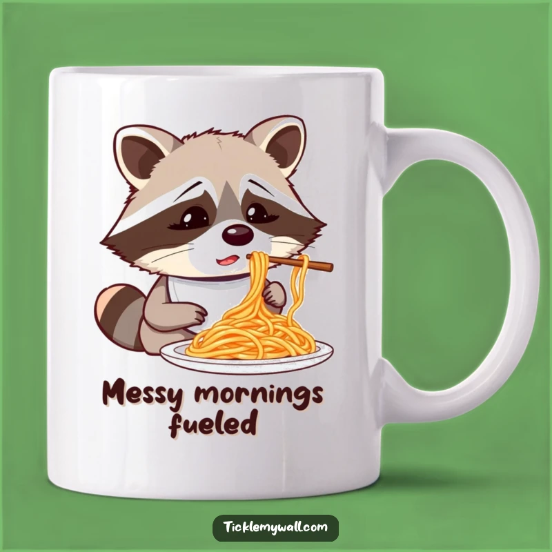 Funny Confused Raccoon Spaghetti Mug: Hilarious Eating Mishap Gift
