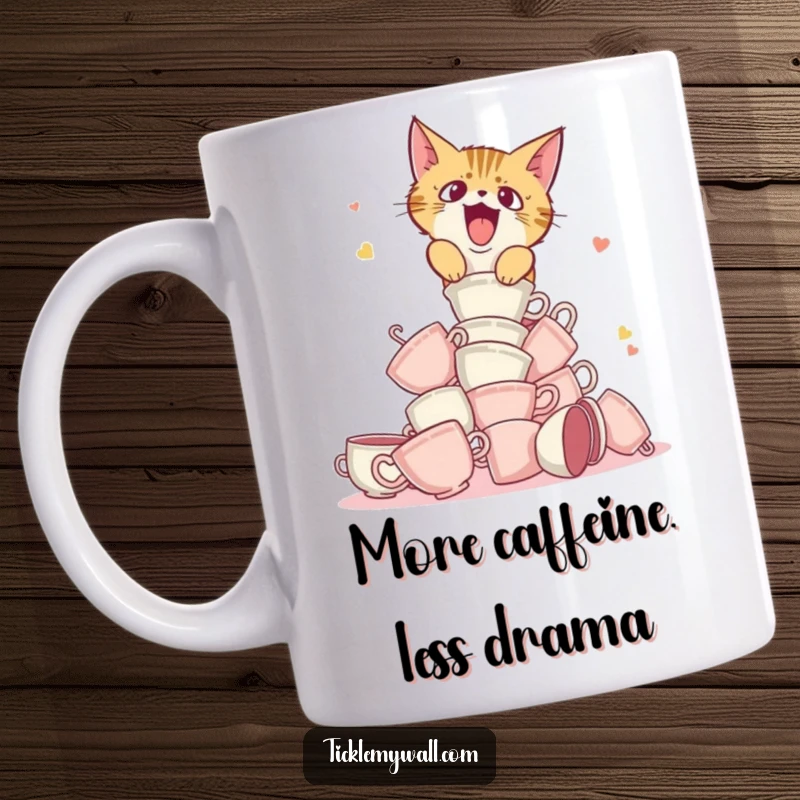 Funny mug featuring a startled cat mid-leap, knocking over a precarious tower of teacups, looking surprised.